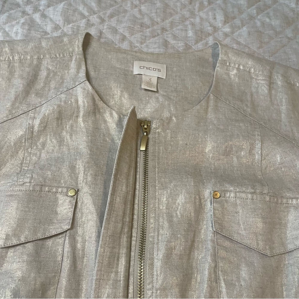 Chico’s Linen Metallic Gold Zip Up Front Jacket Size 3 / XL / 16 - Picture 5 of 16
